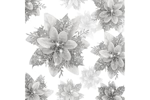 BLAZOR 20PCS Glitter Large Poinsettia Christmas Artificial Flowers Christmas Tree Floral Ornaments Decorations Xmas Tree Pendant Christmas Wreath (20PCS, Silver)