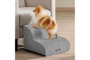 Feandrea Escalera para Perros de 2 Peldaños, Terciopelo Gofrado, para Cama, Sofá, Impermeable con Diseño Antideslizante, Pendiente Suave, Cubierta Lavable Extraíble, Asa, Gris Paloma PPS012GD01