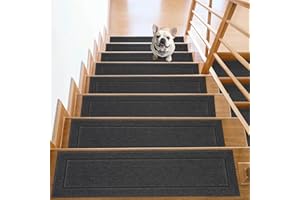 JSEI Non-Slip Stair Treads for Wooden Steps Indoor, 15 Pack 20.32x76.2 cm Edging Stair Rugs with TPE Backing, Carpet Stair Treads for Kids Elders & Pets, 100% Polyester Soft Stair Runners, Dark Grey