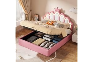 Aoskem Bett 140x200 Doppelbett Polsterbett Kinderbett, Bett mit Stauraum Underbett, LED-Kopfteil, Stauraumbett Bettgestell mit Lattenrost, Kronenleiste Flachbett Jugendbett, Ohne Matratze, PU (Rosa)