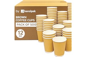 DHANZIPAK 500 x 12oz Ripple Wall Brown Kraft Paper Cups | Triple Wall Insulated Disposable Coffee Cups | Leak-Proof & Recyclable | Hot Drink Takeaway Cups for Coffee Shops, Events, Office & Home Use