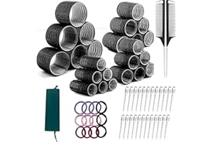 ARANICA 63 Pcs Hair Rollers With Clips – 24 Rollers For Hair - 4 Sizes 60mm 44mm 36mm 25mm - 24 Stainless Steel Clips – 12 Hair Bands - 2 Rat Tail Combs and 1 String Bag.