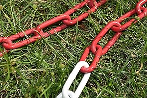 AZATEMGO Absperrkette Rot-Weiß Metall, 20m Länge, Verzinkter Stahl Ø 5mm, mit Karabinerhaken für effektive Markierung und Absicherung