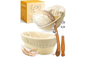 KRUSTENZAUBER Gärkorb zum Brotbacken + Bäckermesser - Set aus 2x Gärkörbchen u. 2x Teigmesser - Brot Backen Zubehör, Brotkorb, Brotbackform, Sauerteig Startet Set, Teigschneider, Gärfolie Brot, Rattan