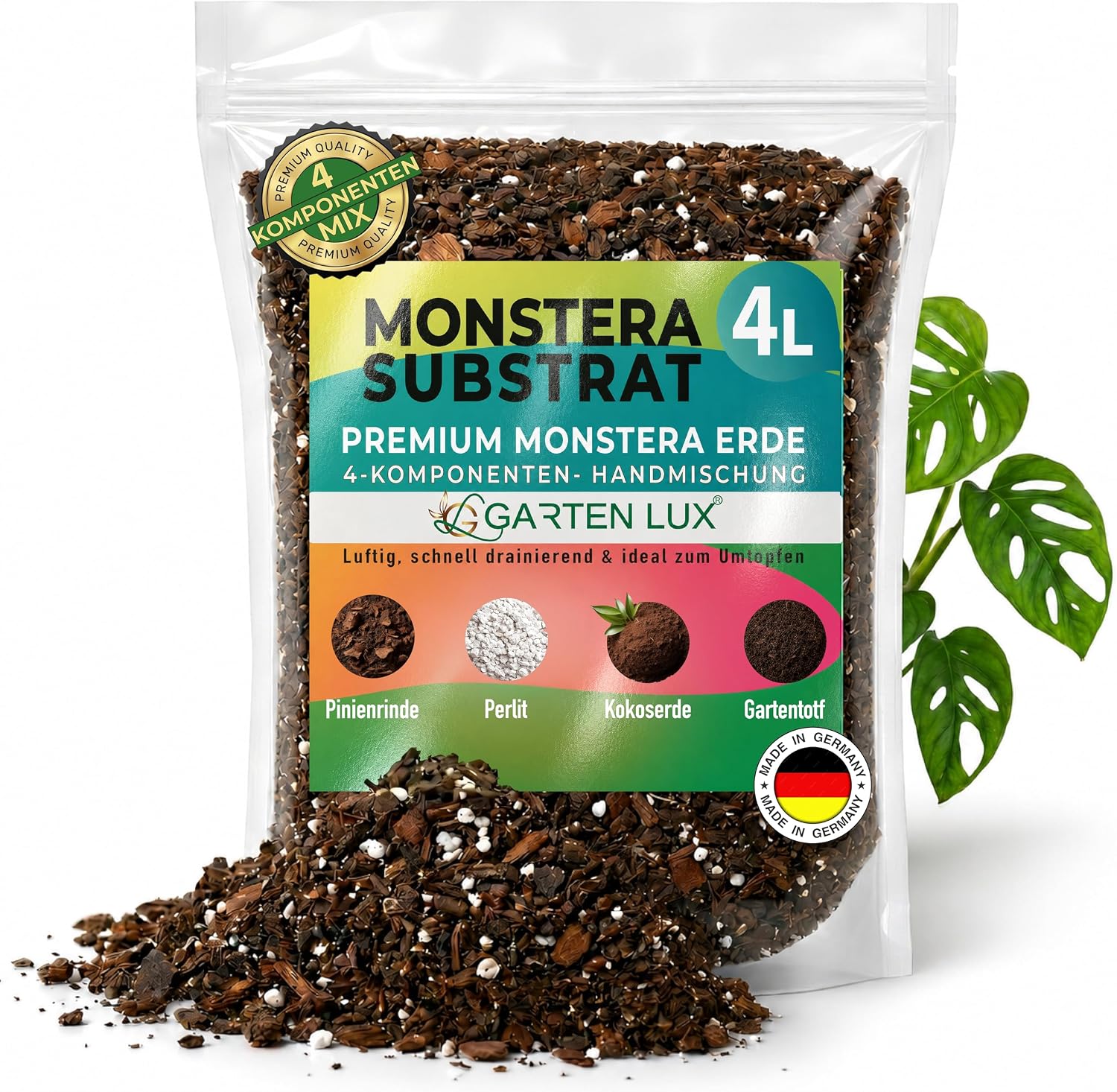 Garten Lux Monstera Erde 4L – Premium 4-Komponenten Aroid Substrat mit Perlite, Kokoserde & Pinienrinde – Luftdurchlässige Erde für Zimmerpflanzen