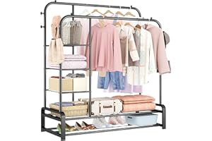 SMILOVII Double Rails Clothing Rack, Clothes Rail with Heavy-Duty Metal Construction, 8 Coat Hooks, 3-Tier Side Shelves, and 2-Tier Shoe Rack - Perfect for Bedroom Coat Rack (Black)