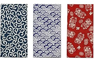 Yagisei Made in Japan Komon Tenugui Towel 3 type set (Karakusa,Blue Waves, Maneki Neko)