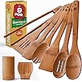 Riveira Dark Bamboo Wooden Spoons for Cooking 9-Piece with Holder, Apartment Essentials Wood Spatula Spoon Nonstick Kitchen Utensil Set Premium Quality Housewarming Gifts for Everyday Use