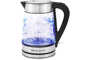 Elite Gourmet, Bollitore elettrico EKT-602 in vetro senza BPA, base senza fili a 360°, interno a LED blu, funzione di autospegnimento, per bollire rapidamente l'acqua per tè e altro, acciaio inox