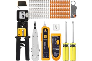 MAYLINEE-TECH MAYLINEE Pelacables Alicates RJ45 CAT5 CAT6 Crimpadora Herramientas de Reparación de Red Juego de Comprobador de Cables de Red Kit 4P/6P/8P Mantenimiento Network Tool LAN 50 Conectores(Gris)