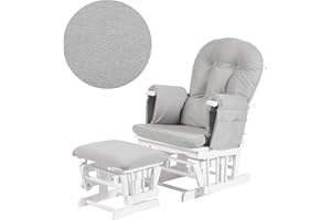 KUB Haywood Reclining Glider Nursing Chair with Footstool - Premium Breastfeeding Chair for Nursery Room | 7 Recline Positions | Storage Pockets | Safety Certified (White and Grey Chevron)