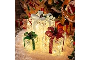 Solpex Set of 3 Christmas Lighted Gift Boxes, 60 LED Light up Present Boxes, 8 Modes Christmas Parcels Lights with Bow for Party, Home, Tree Decoration (Colourful)
