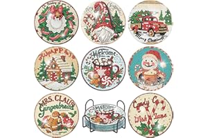 BEAYIOU 8 Pcs Diamond Painting Coasters,Christmas Diamond Painting Kits,Retro Diamond Art Coasters,5D DIY Full Drill Diamond Dots,Diamond Art Kits for Adults Arts and Crafts Supplies