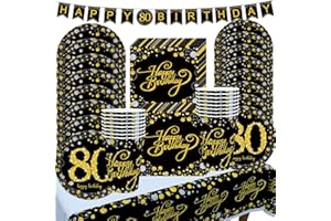 GOLDNICE Piatti Compleanno 80 anni Uomo Donna, Compleanno Festa Stoviglie Set Piatti di Carta e Bicchieri Oro Nero con Tovaglioli, Tovaglia, Striscione, Decorazioni 80 anni Compleanno Addobbi, 16 Ospiti