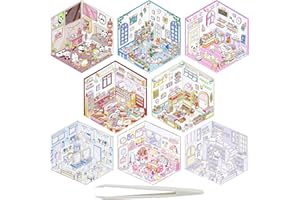 SCROLIEY 8 Sets DIY 3D House Stickers, DIY 3D Sticker Scene, Sticker Therapy Cute Cartoon Scenery Stickers for Adults and Kids for Relief Stress Pass The Time (with Tweezers, Random Color) (Style 1)