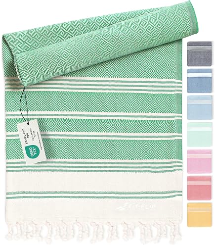 Turkish Beach Towel 2-Pack Oversized 39" X 72" - Blue & Green Quick-Dry Sand-Free Towels For Travel