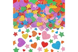 JULBEAR Glitzernde Schaumstoff Aufkleber, 300 Stück Bunte Sterne Herz Sticker Kinder Moosgummi Glitzer Basteln Selbstklebende Sterne Herz Glitzer Sticker DIY Filz Aufkleber für Party Dekoration