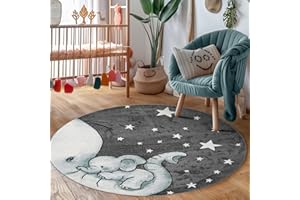 ‎CARPETTEX TEPPICH Carpettex Kinderteppich Elefant Design Blau 120 cm Rund - Kurzflor Teppich Kinderzimmer für Mädchen und Jungen Pflegeleicht Weich - Waschbarer Spielteppich Babyteppich Gaming Teppich Babyzimmer