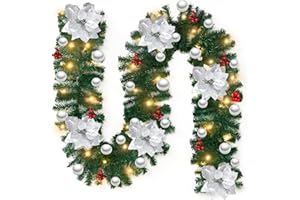 WEASHUME 9FT Weihnachtsgirlande mit Beleuchtung 2.7M Tannengirlande Künstlich mit LED Lichterkette, Blumen, Kugeln,Künstliche Girlande Weihnachtsdeko für Tür,Treppen,Kamine,Silber