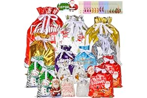 CSYY Christmas Drawstring Gift Bags, 15 PCS Xmas Gift Bags with 15 Tags 7 Design 5 Size Large or Small Wrapping Bags, Reusable Christmas Goody Bags Xmas Tie Bags for Party, Presents, Holiday Decorations
