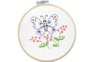 POVITRULYA Embroidery Kit for Beginners 'Butterfly' - Fun Starter Kit for Hand Embroidery with Stamped Pattern, Pre-Sorted Floss and Bamboo Hoop - for Adults and Kids