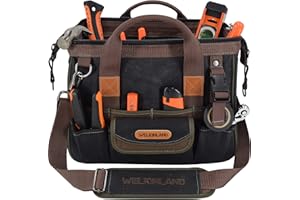 WELKINLAND 30-Pockets Canvas tool bag, 14-Inch Heavy Duty Waxed bags heavy duty, Tool duffel, Lineman Electrician for electricians,Tool men duty Black/Brown/Olive
