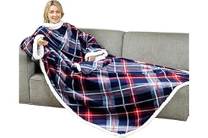 Winthome Coperta con Maniche, Plaid Divano Morbida e Calda, Coperte Indossabile con Tasche Grandi, Blanket Natalizia per Regali Invernali Risparmio sui Costi di Riscaldamento (140x180cm, Blu a quadri)