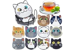 CAYUDEN DIY Pintura Diamantes con Soporte, 10 piezas Gato Kit de Manualidades Adultos con Herramientas 5D Diamond Painting Posavasos Originales para Bebidas de Bar, Principiantes, Adultos y Niños