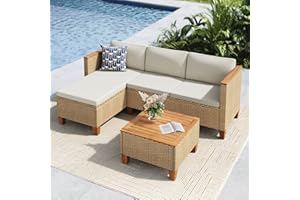 MFSTUDIO 3-Teilig Rattan Gartenmöbel Set mit Beigen Kissen für 4 Personen, Kleines L-Förmiges Outdoor Sofa mit Holztisch, Gartenlounge Set Outdoor für Terrasse, Balkon