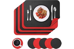 BANNIO Placemats And Coaster Sets 6, Non-Slip Washable Waterproof Table Mats Heat Insulation PVC Leather Place Mats Home Kitchen Restaurant And Hotel, 42x30cm, Black and Red