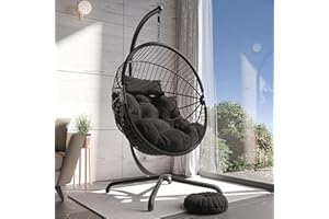 GENERIC Swing Egg Chair, Rattan Hanging Egg Chair With Cushion, Foldable Egg Chair Outdoor Indoor, Garden Patio Hammock Chair With Stand & Adjustable Height, 160 Kg Weight Capacity