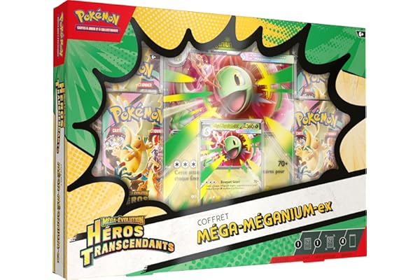 Pokémon : Coffret Méga-Évolution – Héros Transcendants – Méga-Méganium-ex (1 Carte Promo Brillante, 1 Carte Grand Format lenticulaire et 4 boosters)