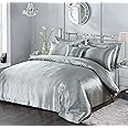 7 Piece Satin Sheets Super Soft Shiny Bedding Sets, 1 x Duvet Cover, 1 x Fitted Bed Sheet, 4 x Pillow Cases, 1 x Cushion Cover, Full Complete Bed Set (Silver, King)