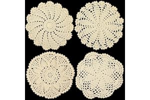 CHUANGDI 4 Stücke Baumwolle Spitze Deckchen Häkeln Rund Spitze Tischset Handgemacht Spitze Untersetzer Vintage Häkeln Deckchen für Küche Esszimmer Party Hochzeit Geschirr Traumfänger 7 Zoll (Beige)