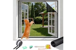 oumuik kattensäkert fönsterinsektsnät fönsterskydd för katt utan borrning, storleksjusterbar, med självhäftande tejp, måttband, sax, häftapparat (100X130CM)