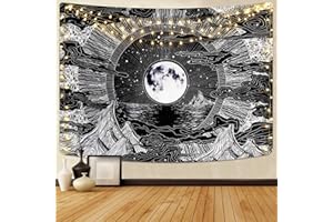 Alishomtll Tapisserie murale, psychédélique, à motif de lune,étoile et nuage, noir et blanc, pour chambre, 130 x 150 cm