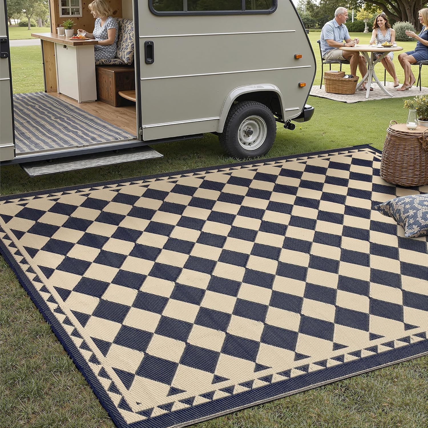 PureCozy Outdoor Rug Large Garden Rug for Patios Waterproof Reversible Outdoor Carpet Mat,Plastic Straw UV Resistant Area Rugs for Patios,Garden,RV,Picnic,Beach,Balcony,180x270cm,Black & Beige