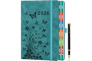 HWXBEN 2026 Diary Day per Page, A5 Diary Page a Day January to December, Daily & Monthly Planner with Colorful Monthly Tabs, Floral Design, Elastic Pen Holder, 2 Bookmarks, Pen Loop & Inner Pocket, Teal.