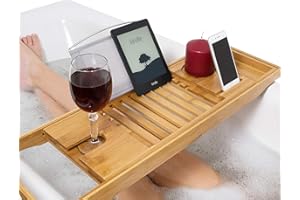Relux Premium 100% Natural Bamboo Bath Caddy Bridge – Extendable Luxury Book Rest, Wine Glass Holder, Device (Tablet, Kindle, iPad, Smart Phone) Tray for a Home-Spa Experience – Fits Most Bath Sizes