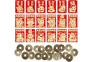 BAYMETY 18Pcs Chinese Red Envelope,20Pcs Feng Shui/Fortune Coins for Wealth Health Success Good Luck 2025 Lunar New Year Lucky Money Hong Bao Red Packet Year of The Dragon Spring Festival Gifts Party Supplies