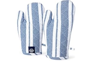 Encasa XO Long 18x30 cm Guantes de Mano para Microondas para Horno (2 pcs Set) para Cocinar y Hornear en la Cocina - Resistente al Calor, Grueso y Seguro - Franca Blue Stripes