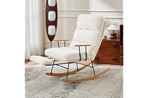 Merax Rocking Chair, Boucle Fabric Tufted Nursing Chair, Armchair with metal Legs and Wood Base, High Back Tubchair with Footrest and Adjustable Recliner, White