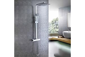 Biubiubath Système de Colonne de Douche Thermostatique Avec Mélangeur Thermostatique, Douche à Main Carrée Et Douche à Tête, Colonne de Douche Réglable En Hauteur, Anti-Brûlure, Chromé (Carrée1)