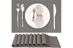 Myir JUN Table Mats Set of 8, Place Mats Table Placemats Washable Non-slip Heat Insulation Woven Vinyl for Kitchen Dinning Restaurant 17"X12" (Dark Gray)