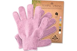 TEMPLE SPRING Exfoliating Gloves - Bamboo Shower Gloves - Bath and Body Exfoliator Mitts - Scrubs Away Ingrown Hair and Dead Skin - Natural Eco Microfibre Bath Gloves - Pink