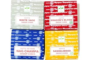 BURLAS Satya Nag Champa Incense Cones Hot Mix, Agarbatti, Dragons Blood, Sandalwood, White Sage, 4 Packs of 12 Cones in each box (4, Hot Mix)
