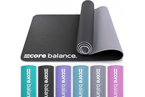 Core Balance Yoga Mat, Non Slip 6mm Thick TPE Foam for Gym Fitness Exercise Pilates Training, Lightweight & Compact with Travel Strap, 183cm x 65cm x 0.6cm (Choose Plain or with Alignment Lines)