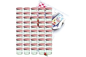 MamboCat - Lot de 50 bocaux en verre incassable - Contenance de 125 ml - Couvercle To66 à carreaux rouges et blancs - Idéals pour confiture Livre de recettes de Diamant-Zucker inclus (français non garanti).