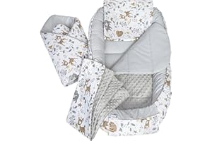 Medi Partners 5 éléments Cocon de Bébé 100x60x15cm 100% Coton Baby Nest Reducteur de lit Bébés Oreiller Couverture Insert Amovible (Cerf avec Minky Gris)