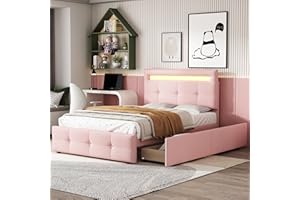 Rtopsu Letto Imbottito Letto Singolo 90x200 cm con Illuminazione a LED, Letti per Ragazzi con 2 Cassetti a Contenitore, Letti per Bambini con Telaio a Doghe in Legno, Lino, Rosa, Senza Materasso